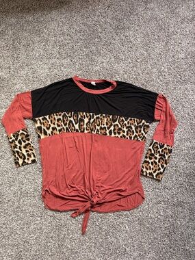 Colorblock Leopard-Trim Long Sleeve Top in Rust and Black